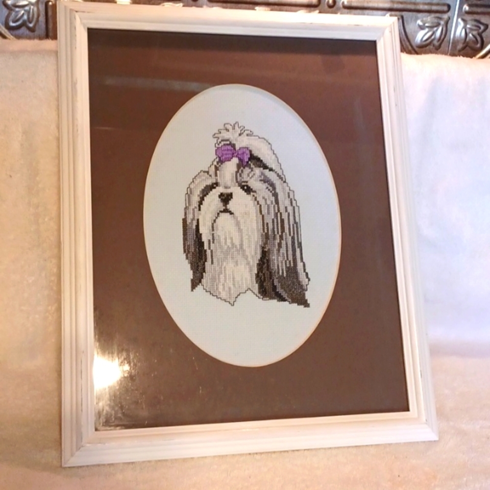 Framed cross stitch  Shitzu dog 12.5x15.5
